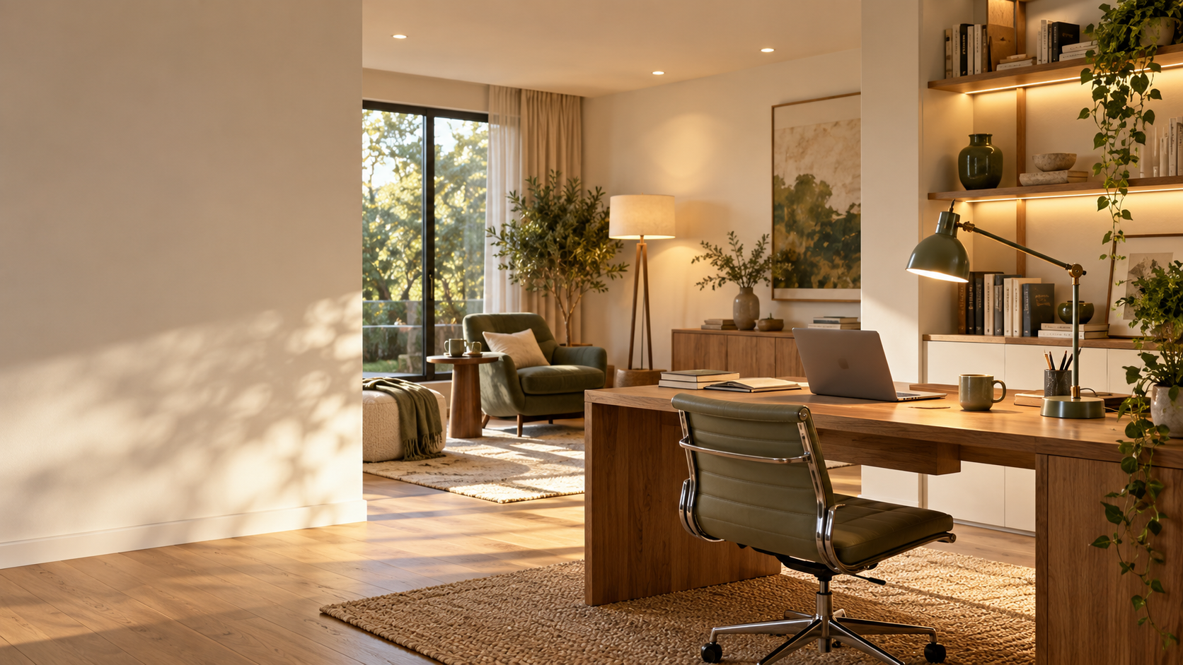 Warm home office with task lighting and comfortable living area