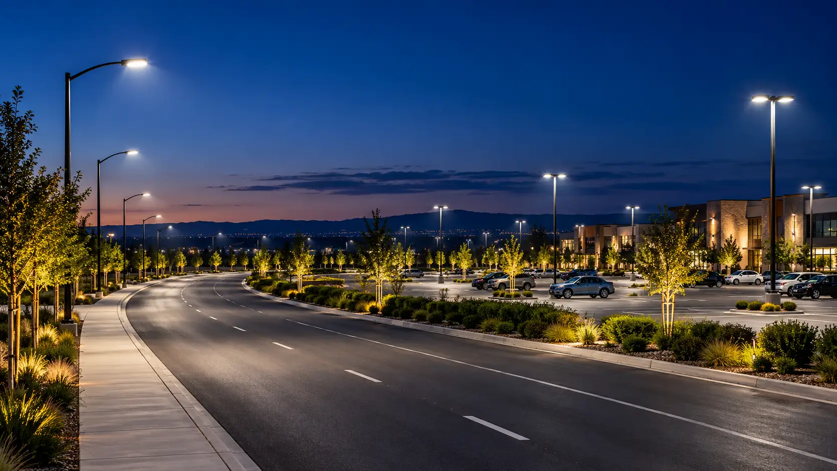 LED streetlights illuminating a roadway and parking lot at dusk
