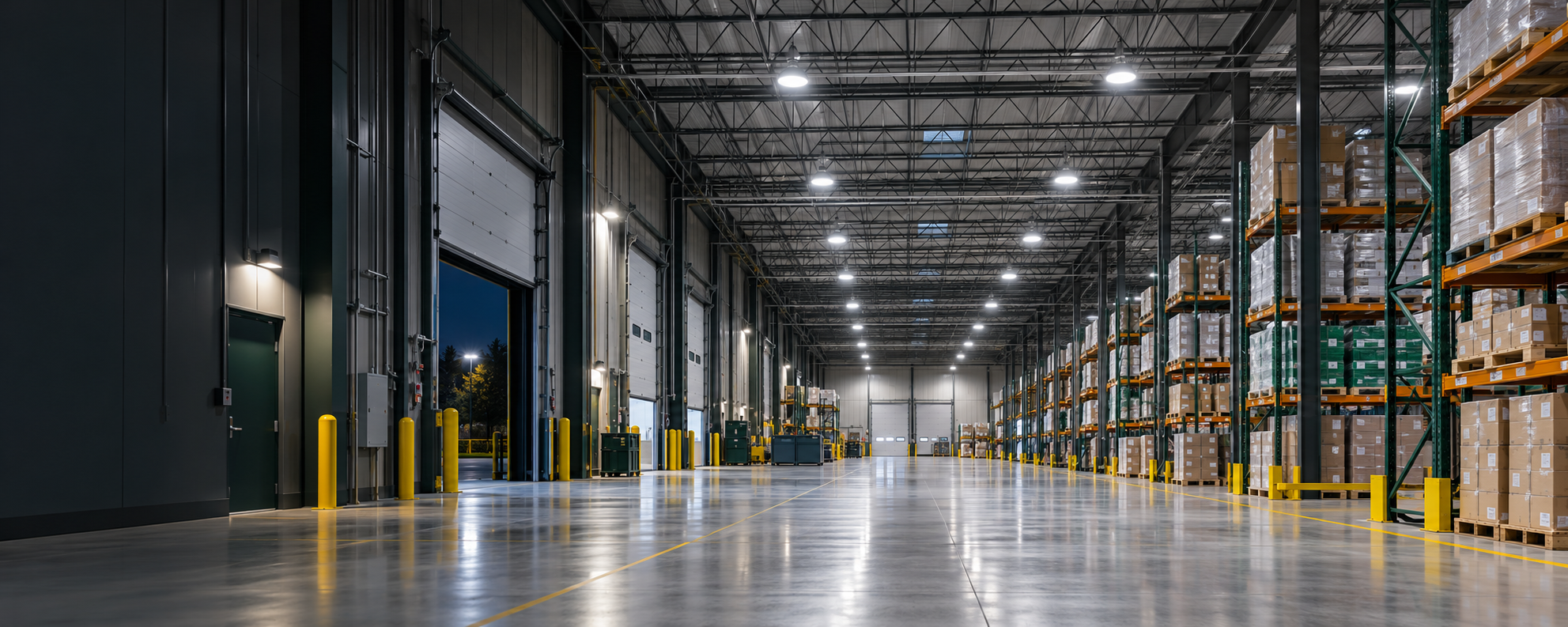 Modern warehouse illuminated by industrial LED lighting fixtures